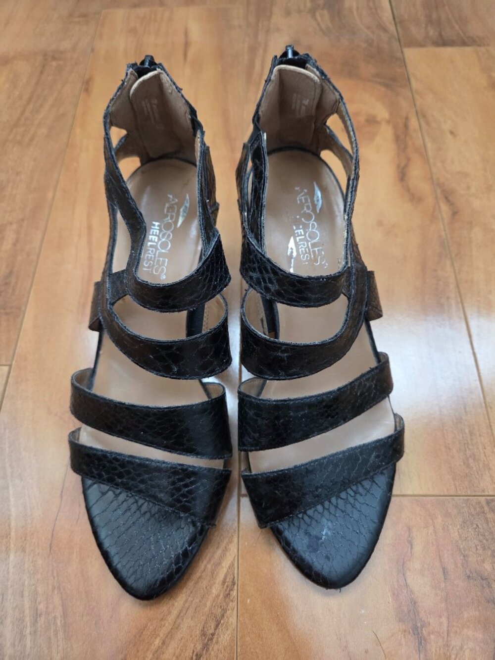 Aerosoles Heelrest Triangle Strappy Sandals Black Leather Snakeskin 7M‎